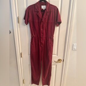 pistola Short-Sleeve Button-Front Utility Jumpsuit in Burgundy